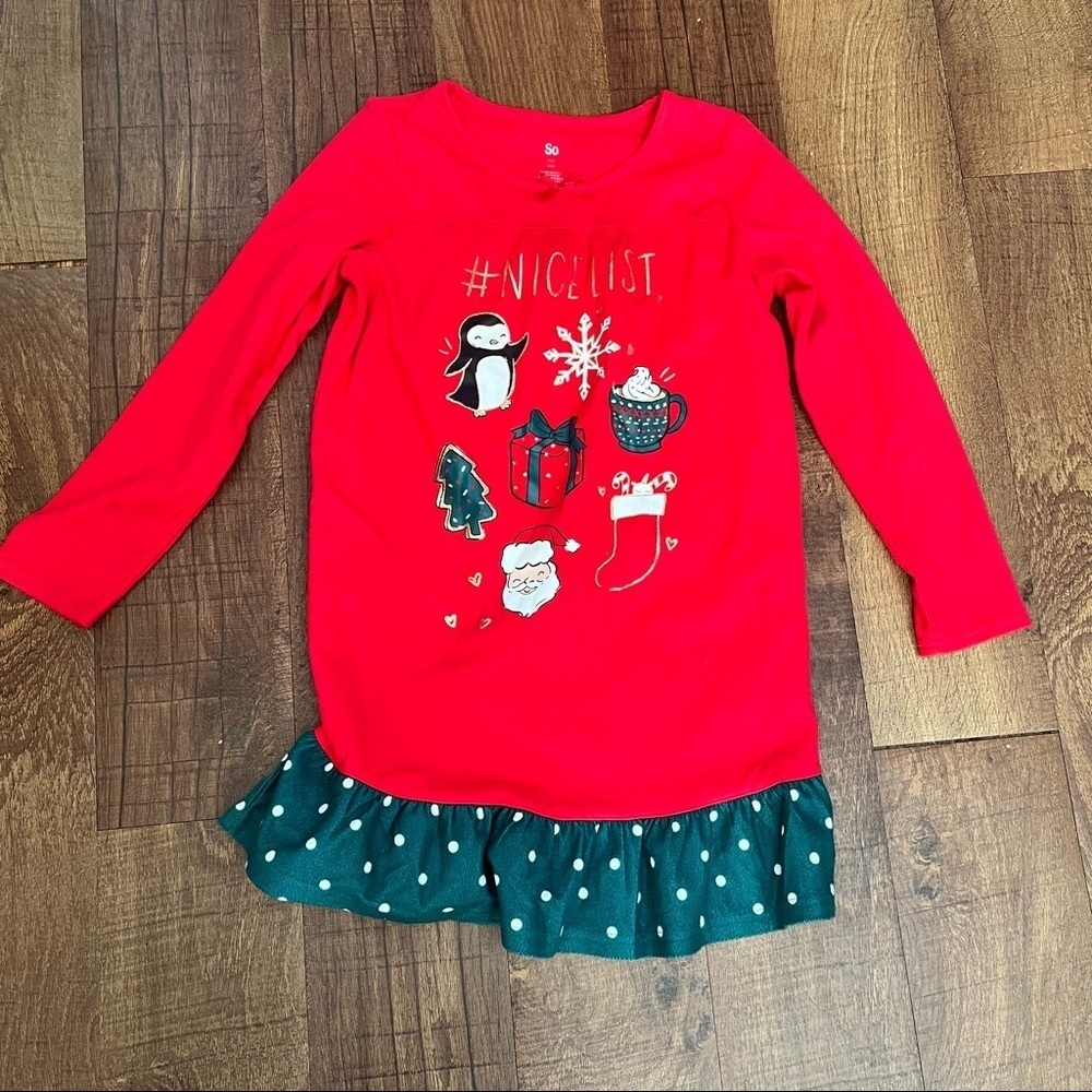 Big girls fleecy Christmas nightgown SO brand Sz 7/8 red green gold white
